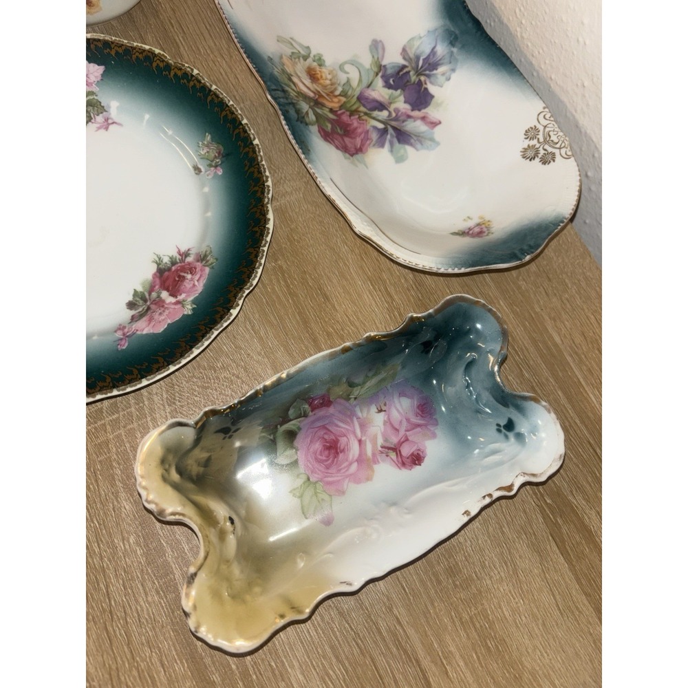 Antique German Porcelain Dish Lot C.T. Silesia Crown China Green Floral Vintage - Picture 2 of 16